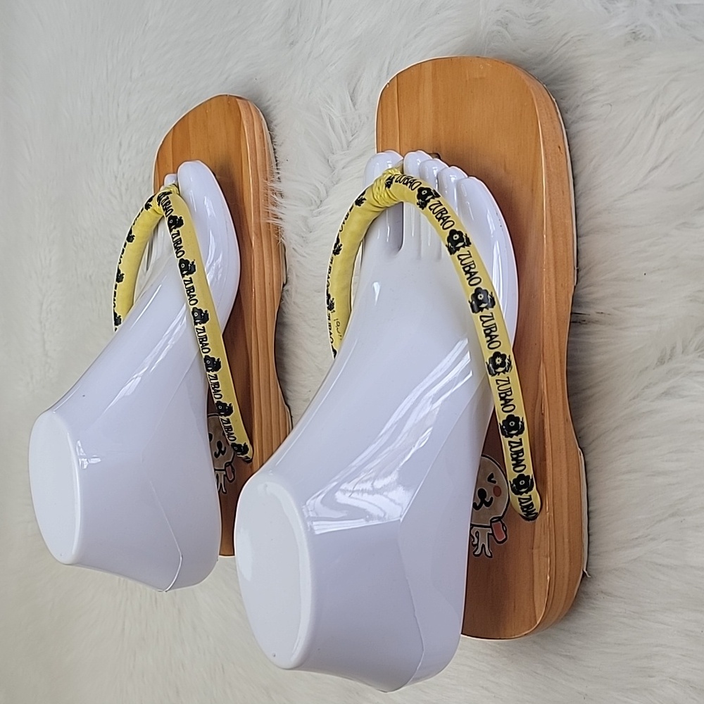 ZUBAO Geisha Japanese Style Wood Open Toe Slip On Yellow Thong Flip Flop Sandals - Picture 3 of 16